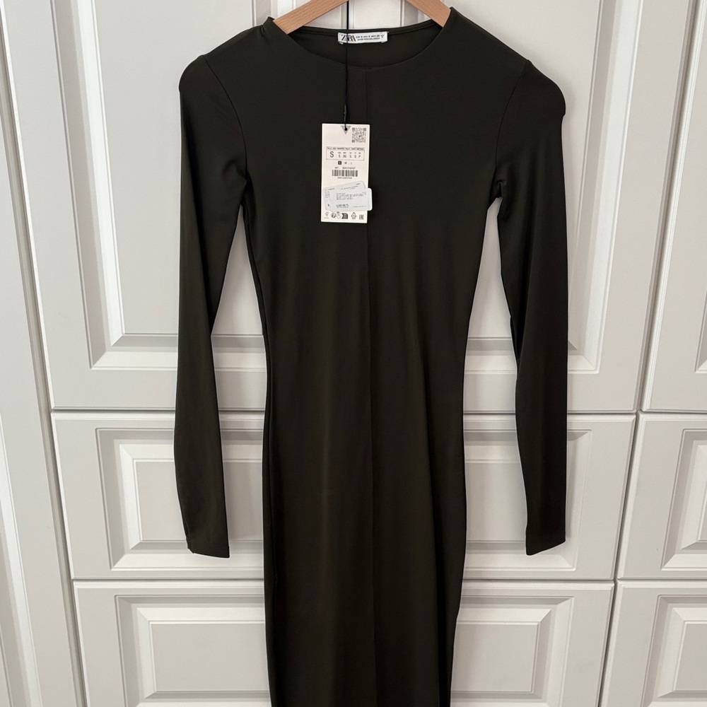 Zara Dark Green Long Sleeve Maxi Ultra Fitted Dress